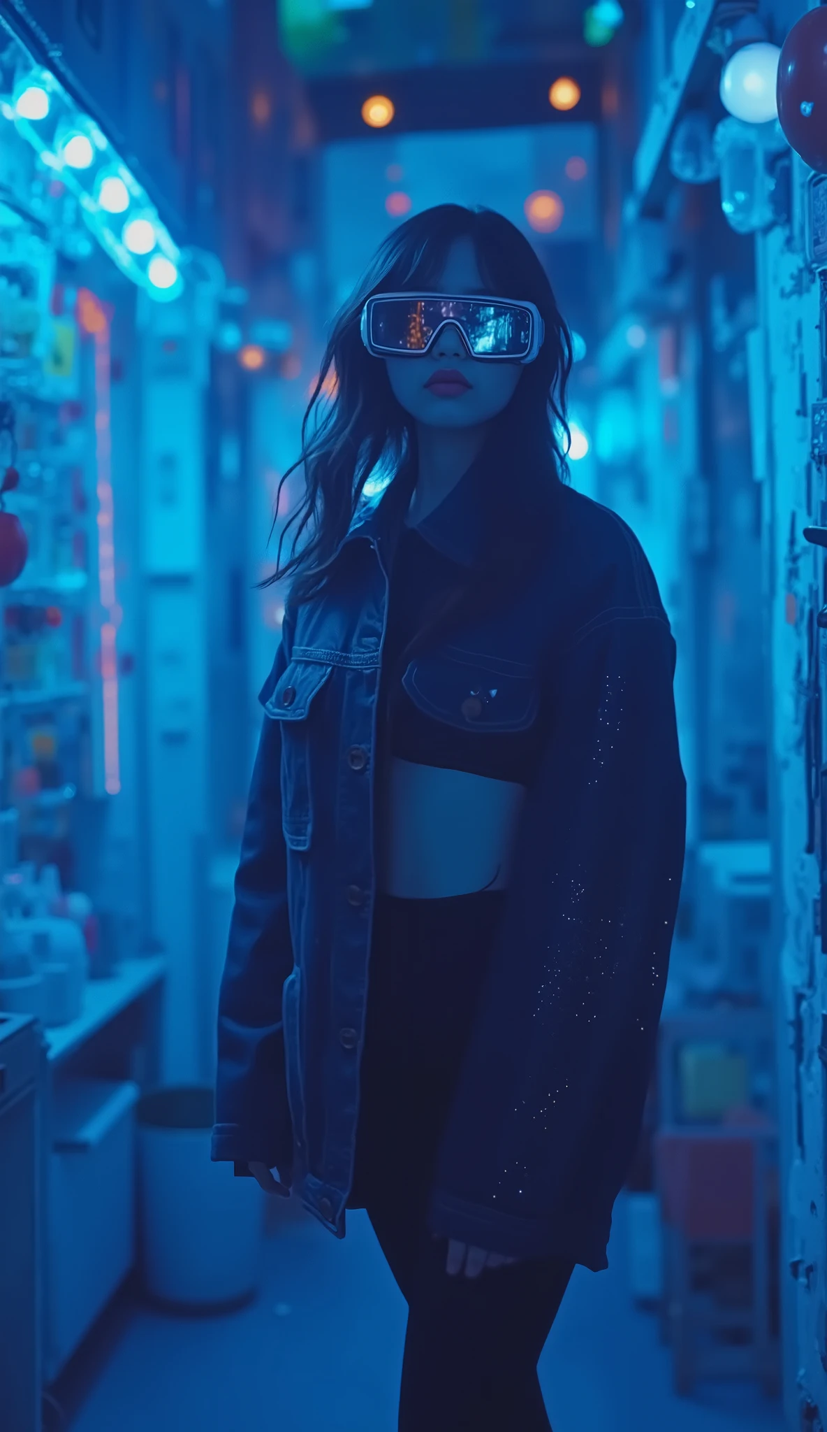 masterpiece, super detailed , 8k, Jenna Ortega、 1 girl, nostalgic, (Dancing Girl :1.8), (C Cup :1.4), (( from directly above:1.8)), ((From a bird's eye view:1.8)), (( main color is blue)), nostalgic, (C Cup :1.5), (black tights:1.2), black hair、 braids、Pigtails、 Shiny Skin ,Freckles、 super detailed , 8k, 1 girl, Droopy eyes, main color is blue, big hips, (( lots of bouncing sounds in the background .)), (((ultra nostalgic:1.8))), ((VR goggles:1.8)), " 1970s movie screen ", Style Beauty , deep yellow shiny Droopy eyes, (( large background of splash oil painting , Overhead background )), straight, She's advanced , luminous headphones with intricate electronic designs visible on the sides . headphones that reflect dim light glow in neon colors , cast soft light on her face . Her jacket is transparent , There is、 Luminescent headphones with intricate electronic designs visible on the sides {x} The intricate patterns of neon circuits and digital elements underneath are revealed, similar to a vivid city map .