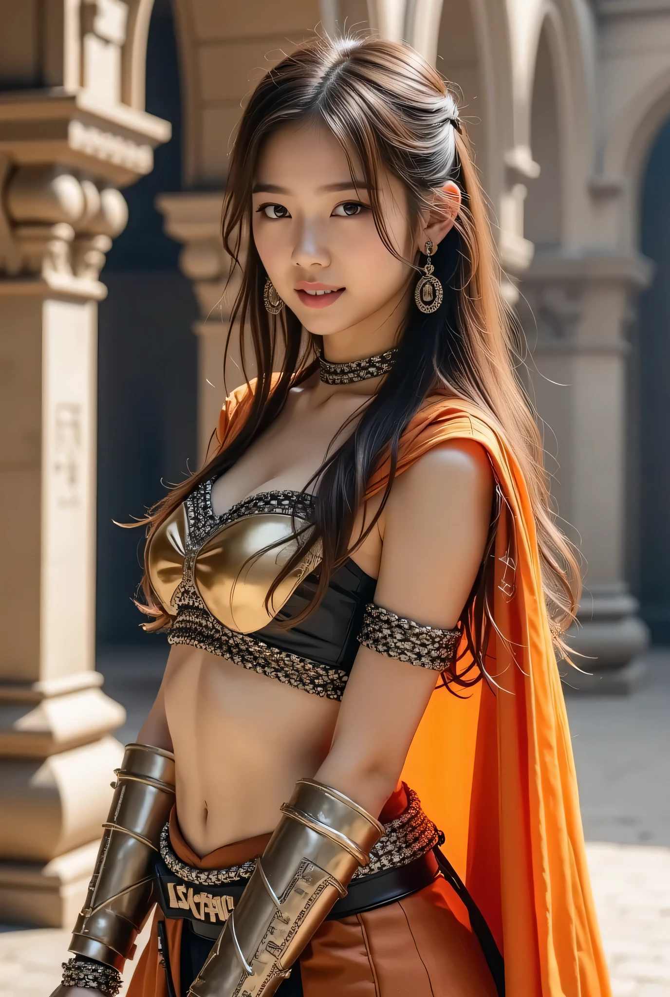 (8k, top quality, masterpiece), ( realistic , photo realistic : 1.37), super detailed , One Girl , { golden armor 、 Barbarian} , Lift your bust、Big bouncing bust 、 pull your bust closer with your arms、 cross your arms a little、 extremely delicate depiction 、 Armor that combines intricately patterned chain scarves and kimonos that combine realistic elements with fantastic elements , Wear intricately patterned chain chains , Braided Chain Chain 、 A world of reality and fantasy ( Swirling Fire Cloak :1)、 staring at the camera 、 Inside a Medieval Castle、Cute double teeth