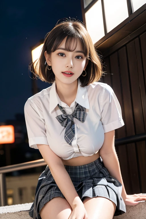 best image quality, RAW photo, ultra high resolution, (shot from below:1.5), gentle smile, golden ratio face、(tits:1.2), ribbon, school uniform, collared shirt, school uniform shirt, (Navel exposed:1.2)、(Plaid super mini skirt:1.2),emphasizing thighs、Facial expressions waiting for a kiss、Fair skin, glossy white skin, wavy long hair、braided hair, bright silver hair, light gray hair, neatly trimmed bangs, beautiful eyes, beautiful eyes of random colors, very thin lips, beautiful eyes with details, elongated eyes, pale pink cheeks, long eyelashes, beautiful double eyelids, eye shadow, earrings, beautiful and detailed sky,Detailed Tokyo cityscape,night, beautiful and detailed eyes,(collared shirt:1.1), bow tie,pleated skirt,(wavy hair、Braided hair:1.2),floating hair、night景が綺麗な屋上に座っている