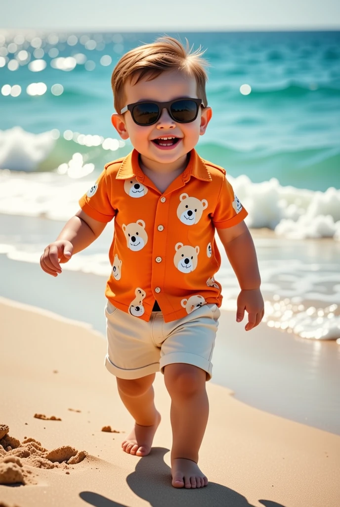 "Ultra-realistic 3D image of a cute French ********, wearing an orange beach shirt with playful teddy bear patterns, paired with cream-colored shorts and trendy sunglasses. He is laughing joyfully while walking along the sandy shoreline of a picturesque beach. The background showcases golden sand, sparkling blue waves, and a bright, sunny sky, with soft lighting that highlights the ****’s cheerful expression and the vibrant details of his outfit. The scene exudes a fun and carefree summer vibe, rendered in stunning 8K resolution."

