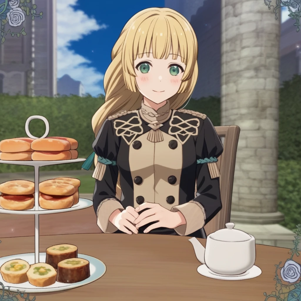  table  、score_9, score_8_Excellent, score_7_Excellent,  anime coloring  ,  One Girl  ,、Alone、Defin Grid、bangs、 and a braided ponytail 、 black jacket 、 black skirt、blush、smile、、 Food、cup、ティーcup、Teapot、、 outdoor、Rose Hedge 、 blue sky、cupを持つ、chair、chairに座っている