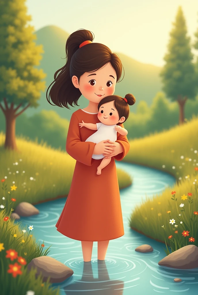 Mother with her baby by the lake