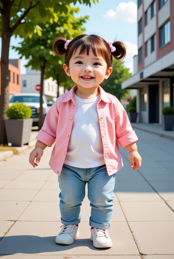 "Ultra-realistic 3D image of a cute Canadian **** girl, dressed in a pink shirt over a white inner t-shirt, paired with light blue jeans and cute shoes. She is smiling happily while walking along a sidewalk, surrounded by a peaceful urban setting. The background features a clean, modern street with trees, buildings, and a clear blue sky. Soft lighting highlights the ****’s joyful expression and the vibrant colors of her outfit. The scene is warm and charming, captured in stunning 8K resolution."
