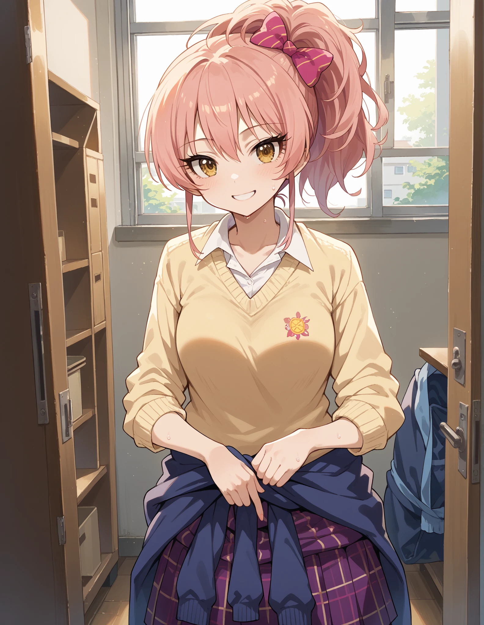 score_9, score_8_ up, score_7_ up,  Source_Anime,
Mikkajogasaki, Mika Jougasaki, hair bow,  long hair,  pink hair,  yellow eyes,  ponytail, smile,
bow, closet around waist,  check pattern ,  check pattern   skirt ,  school uniform,  skirt ,   sweater  ,   sweater   around waist,
indoor, classroom,  bend your back,
 viewers sweat a lot,  Dutch angle,  Cowboy Shot ,