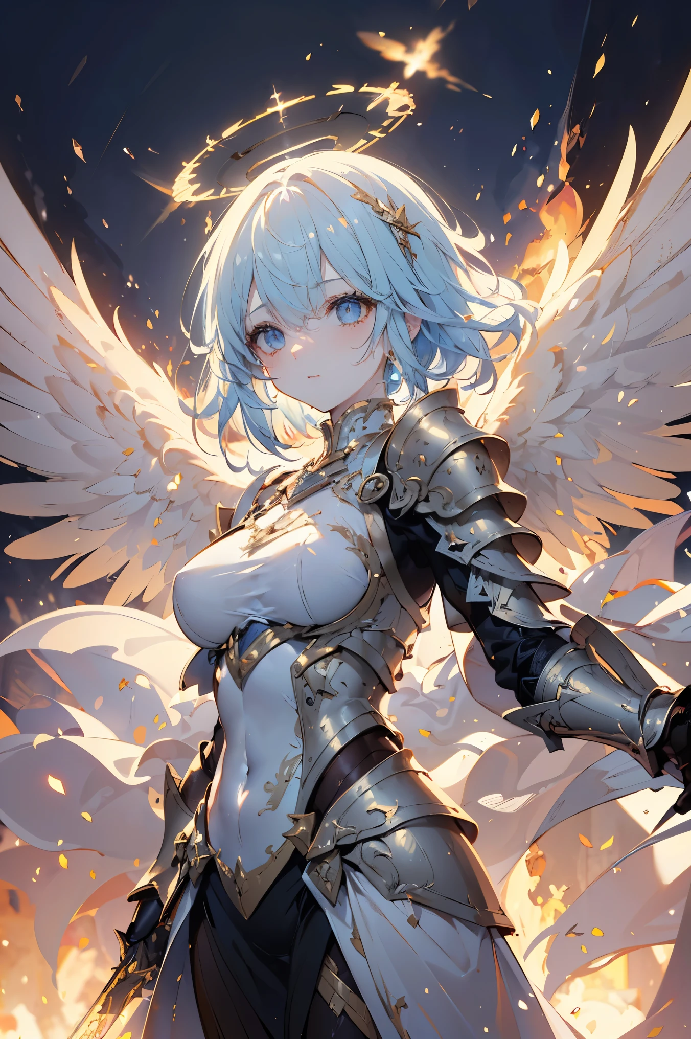 ((Best quality, 8k, Masterpiece: 1.3)), Sharp focus A beautiful woman with perfect body, Highly detailed face and skin texture, (Detailed eyes), Angel, winged angel, steel-armored angel, armed angel, light blue hair, messy hair, hair over shoulder, halo, Scene descending from heaven, light shines from the sky In the darkness, sparkle, cinematic lighting, ray tracing