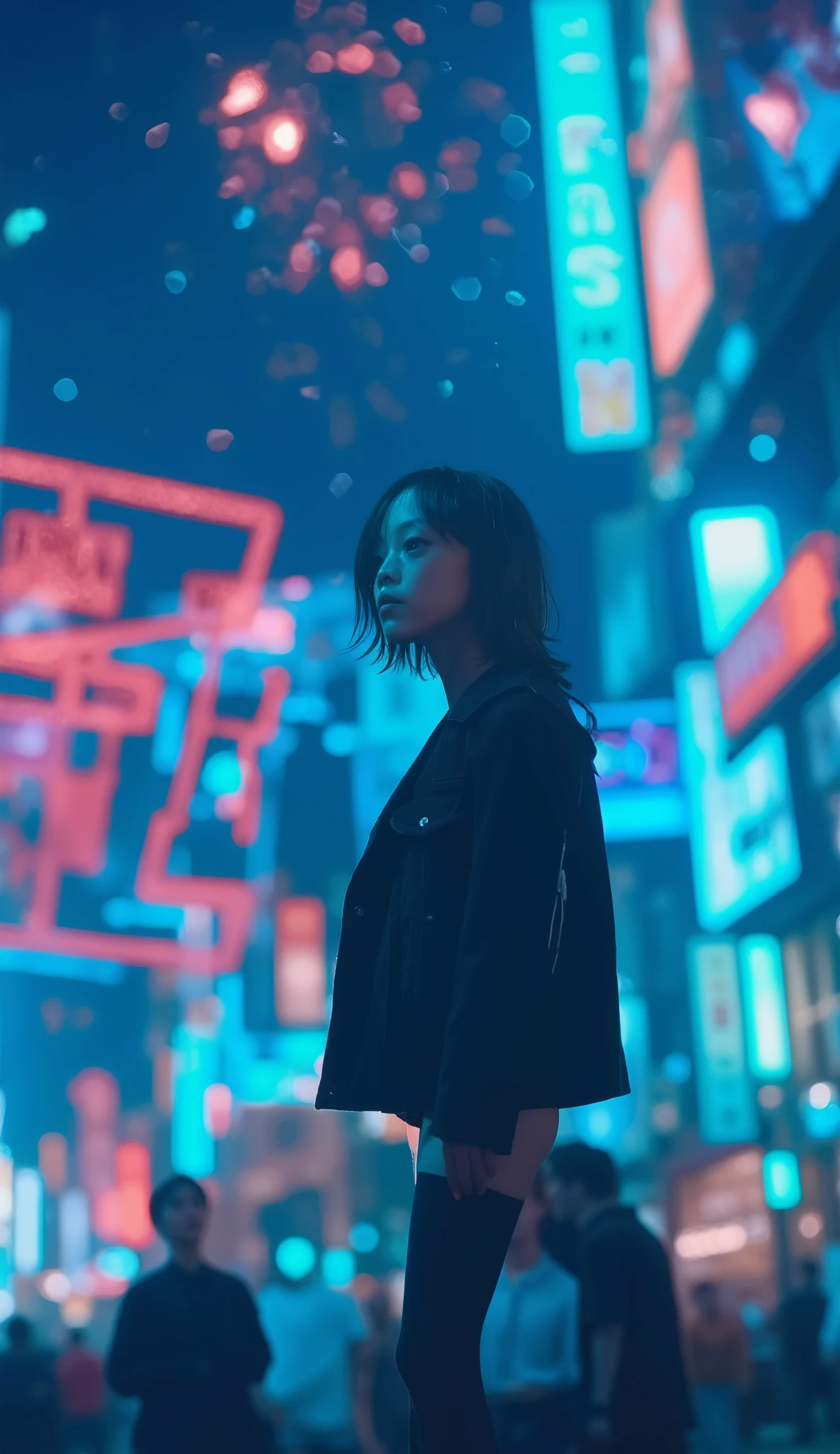masterpiece, super detailed , 8k, Jenna Ortega、 1 girl, nostalgic, (Dancing Girl :1.8), (C Cup :1.4), (( from directly above:1.8)), ((From a bird's eye view:1.8)), (( main color is blue)), nostalgic, (C Cup :1.5), (black tights:1.2), black hair、 braids、Pigtails、 Shiny Skin ,Freckles、 super detailed , 8k, 1 girl, Droopy eyes, main color is blue, big hips, (( lots of bouncing sounds in the background .)), (((ultra nostalgic:1.8))), " 1970s movie screen ", Style Beauty , deep yellow shiny Droopy eyes, (( large background of splash oil painting , Overhead background )), straight, She's advanced , luminous headphones with intricate electronic designs visible on the sides . headphones that reflect dim light glow in neon colors , cast soft light on her face . Her jacket is transparent , There is、 Luminescent headphones with intricate electronic designs visible on the sides {x} The intricate patterns of neon circuits and digital elements underneath are revealed, similar to a vivid city map .