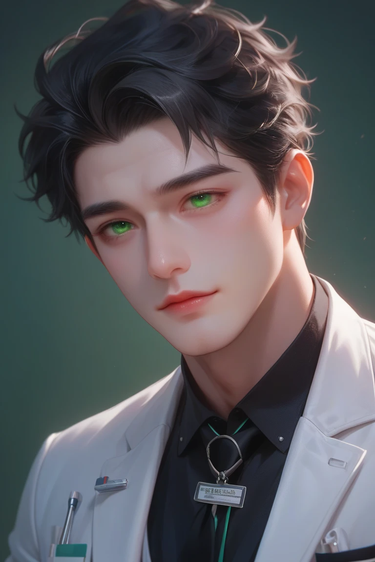 A handsome sweden man, doctor outfit, dark hair, green eyes, sit comfortably, 1.4, clinic background, dangerous vibe, deep eyes, slick-back bang, pale skin, nametag Dr Johnson Lubrani, korean webnobel illustration cover style