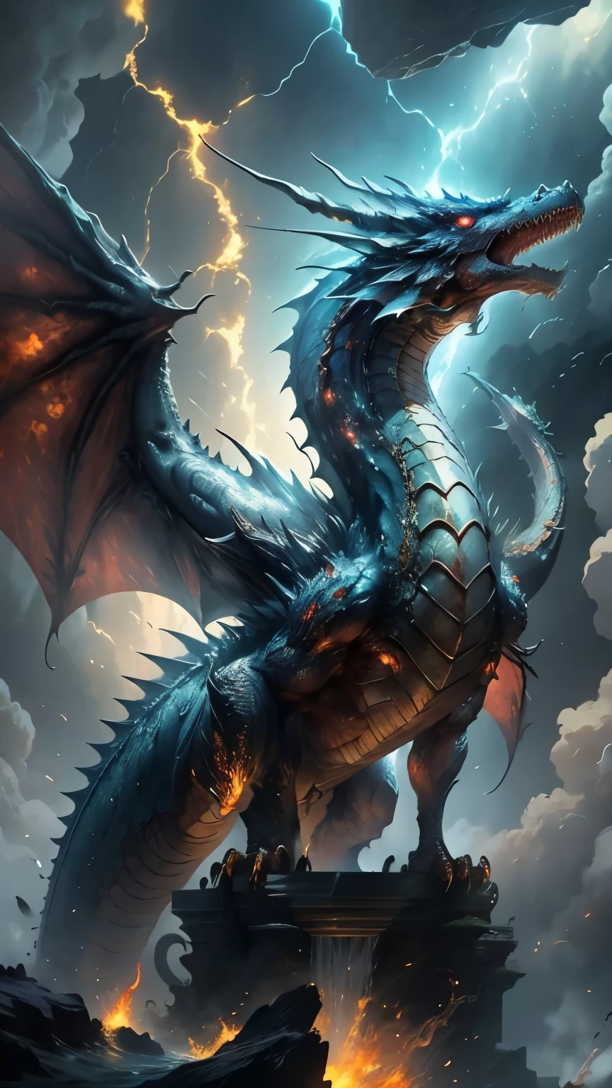 a titanic dragon (red scales) with a pair of open wings, standing with (mouth gaping towards the sky) shooting fire from his mouth 