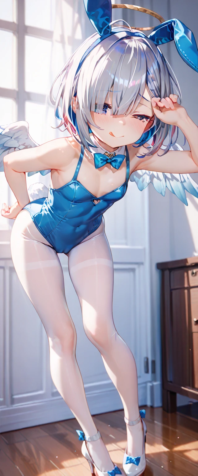 beautiful, masterpiece, Highest quality, anime, One girl, C Cup,Portrait Shot, View your viewers, Intricate details,>,((Covered、Short Hair、nearby、Blue Eyes、art、、White hair,Blue streaked hair、wallpaper、、hairpin、smile、Angel、Bunny Suit、Thighs、Halo、Lying on your back、Armpit、white_liquid、BODY ON Honey、Bunny girl、Campaign Girl、Fishnet tights