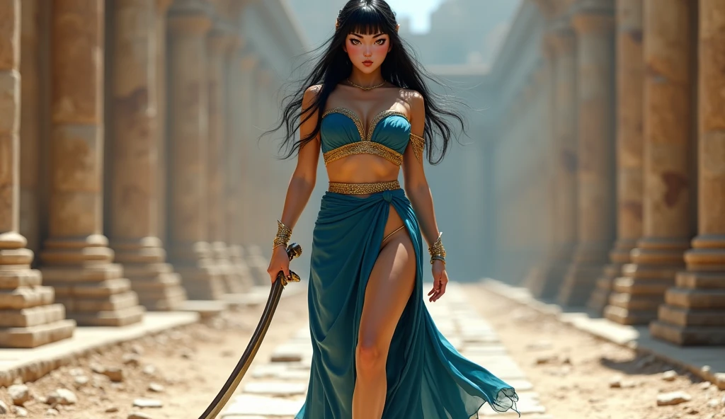 Egypt and the desert,One girl, High resolution, Long Hair, Black Hair, Very Long Hair, Open your mouth a little, Highest quality, Textured skin, Shake your hair, Hime cut, Large Breasts, Pink eyes, Cleopatra,Widescreen, Viewfinder, Gold Jewelry,Dancing brilliantly,The most beautiful in the world,Stylish wearing hood, Wide-angle shot, Hime cut,