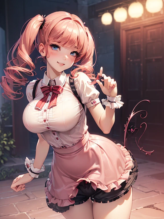 (cowboy shot: 1.5), (white background, simple background: 1.5), (masterpiece:1.5), (big breasts: 1.5), (1 girl: 1.5), young woman, (Beautiful Girl:1.5), (extremely detailed and delicate anime face and eyes:1.5), whole body, (natural light, HDR, extremely details CG:1.3), (dynamic posture: 1.3), {correct body anatomy}, (wide hips: 1.3), (perfect hands: 1.5), single focus, toned body, Beautiful Lips, thick lips, {surreal}, {correct posture}, {minutes details}, {detailed body}, {detailed clothing}, (Bright Eyes: 1.3), (cleavage: 1.3), {accessories}, {sexy}, (Short blazer: 1.5), long sleeves jacket, (open jacket: 1.5), (puffed sleeves: 1.3), one-piece dress, (wide sleeves: 1.3), (school dress: 1.5), (pleated dress: 1.5), (dress with frills: 1.5), (skirt with lots of frills: 1.5), (black lace-trimmed legwear: 1.5), (black thighhighs: 1.3), (Hakama bow: 1.3), (black high heels: 1.3), jewelry, (neck ribbon: 1.5), (bowtie: 1.3), hairband, (tiara: 1.2), earrings, (serious look: 1.2), (extra long hair: 1.5), (two-tone hair: 1.5), (magenta hair with brown streaks: 1.5), (permed hair: 1.3), (curly twintails: 1.5), hair bun, (low twintails: 1.5), very thick hair, (swept bangs: 1.5), glowing hair, (bright goldenrod eyes: 1.3),