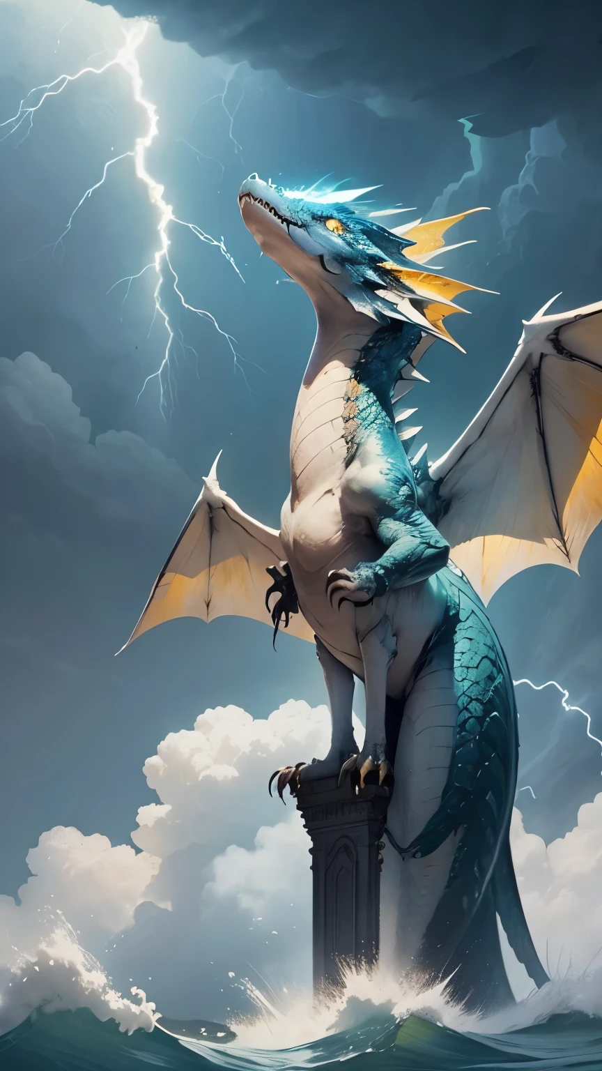 a titanic dragon (white scales) with a pair of open wings, standing with (mouth gaping towards the sky) shooting lightning (yellow)