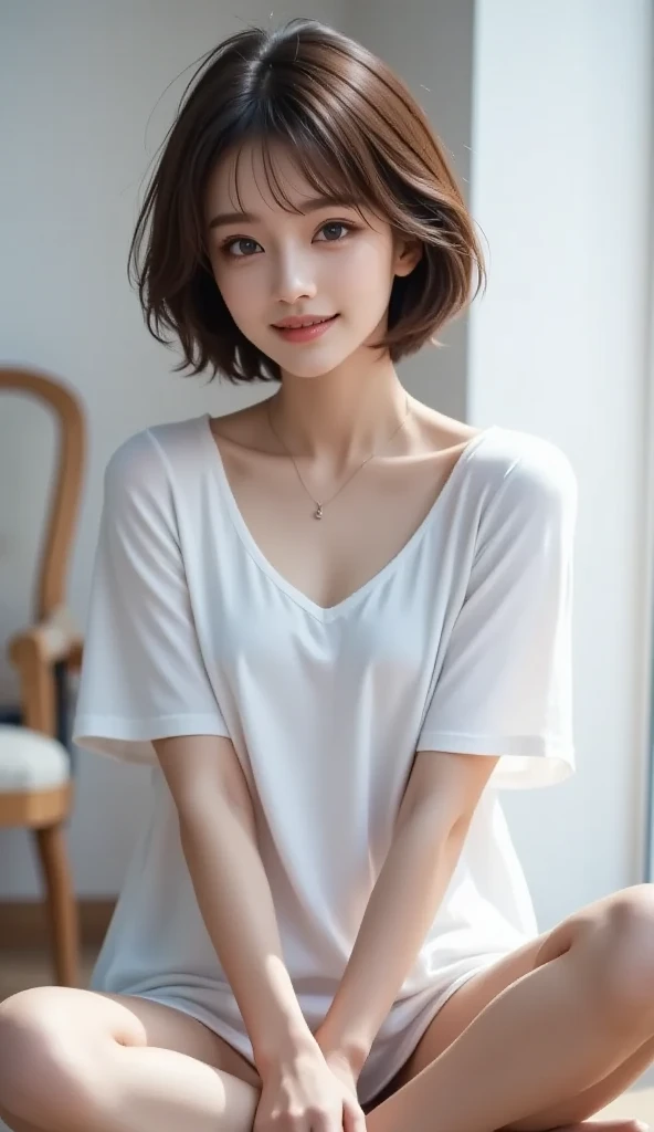 best quality, face focus, soft light, (depth of field) ,ultra high res, (photorealistic:1.4), RAW photo, (moody lighting, night:1.2), bedroom,
(upper thigh:1.4)
1japanese girl, solo, cute, kawaii, (shy, smile:1.1), (brown eyes), natural face, (short bob hair),
(sit on gray linen chair)
BREAK
(white naked oversize t-shirt:1.2)