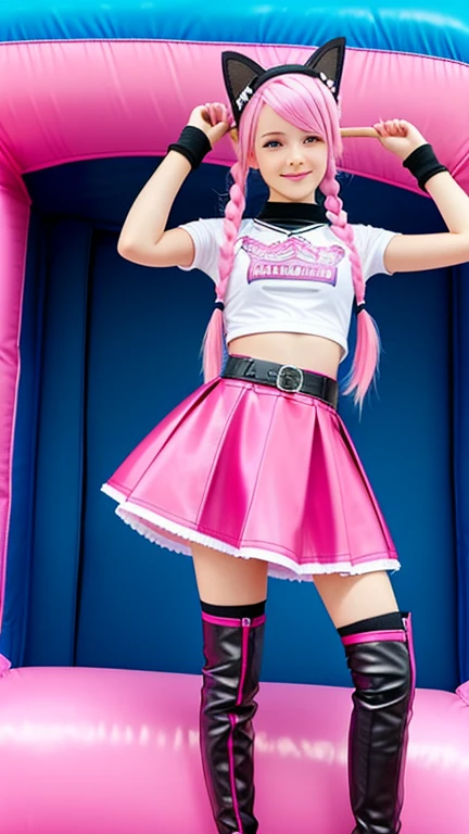  teenager with pink hair ,  slim model , pink leather korsett , tüll skirt pink ,  leather arm warmers blue,  knee-high leather boots, Cat ears, bouncy castle, twintails

