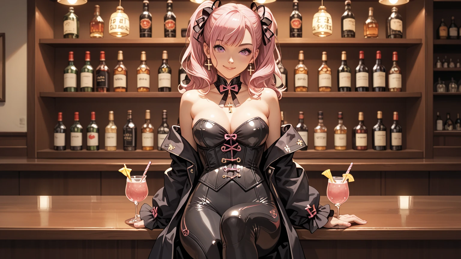 rating_safe, score_9, score_8_up, score_7_up, source_anime, masterpiece, best quality, solo, 1girl, wondering face, firm breasts(she is wearing black strapless, corset-like bodysuit and pink) ( standing cross legs on bar counter, cowboy shot view) , lough bar Tokyo, (Japan), best quality, 8k,