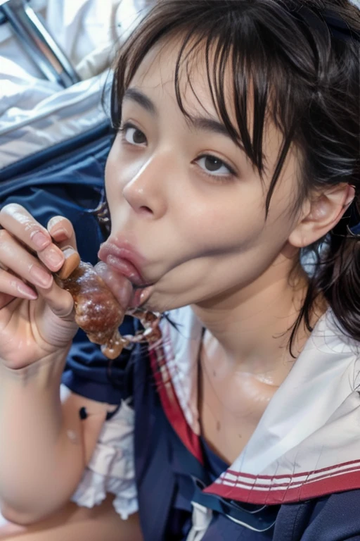 masterpiece, best quality, intricate details, extremely detailed, cinematic lighting, solo, 1girl, a **** Japanese schoolgirl, White skin, (oral, blowjob, deepthroat, french bread in hand, shovel a big sausage into mouth, fully open mouth:1.4), (large breasts, ), dark hair, twintail hair, cute face, extremely detailed face, beautiful detailed eyes, sophisticated nose, pale skin, fine-textured skin, sweaty, shiny skin, photo background, at bed, school uniform, school uniform, japan, jav, deep throat, nose blush