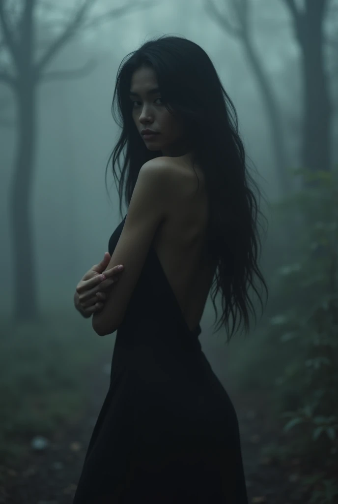 High quality, ultra-detailed, 4K, Beautiful young brunette woman 21 years old, (Not Nude) Hiding behind an alley, full-length shot, looking at the viewer, (realistic), black hair, very beautiful detailed face, sexy alluring dark red lips, ultra-detailed proportions of a beautiful body, perfect beautiful body, graceful curves of the body, large beautiful breasts, graceful beautiful breasts, thin waist, beautiful graceful hips, long beautiful legs, hairy pubis, (Not hairy pubis), standing alone in the middle of a dense forest, moonlit night, gloomy picture.