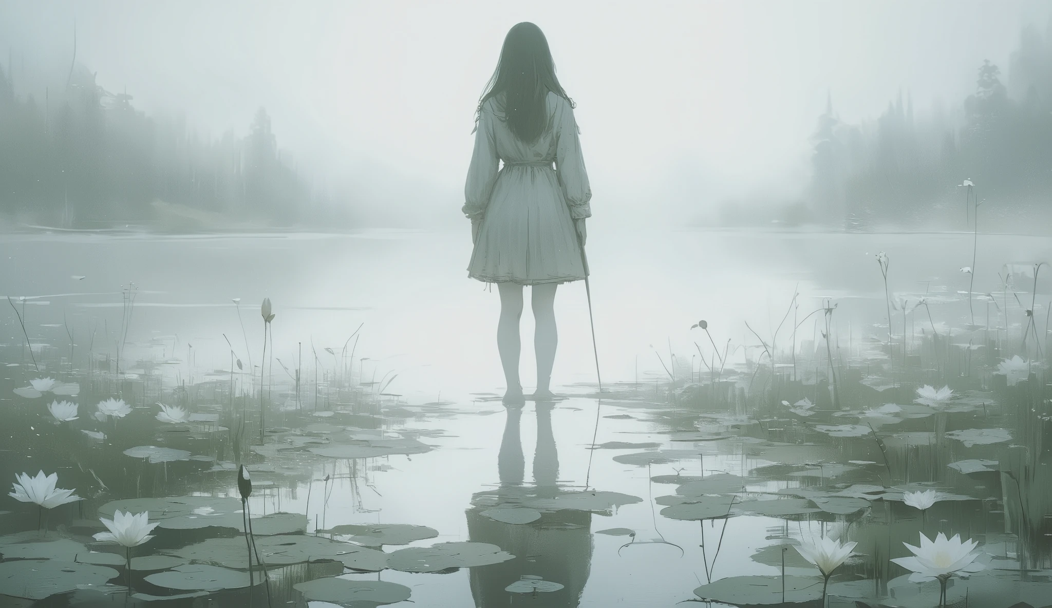 in a dream, Shadow shaped girl nodding off is stand in a blur. only lake just quietly swaying. human shape slightly reflected on the lake. Nothing living. only just a white world, a landscape. surrealism, dreamlike, loneliness,focus on the lake, great focus on the lake. with lilies of the valley.