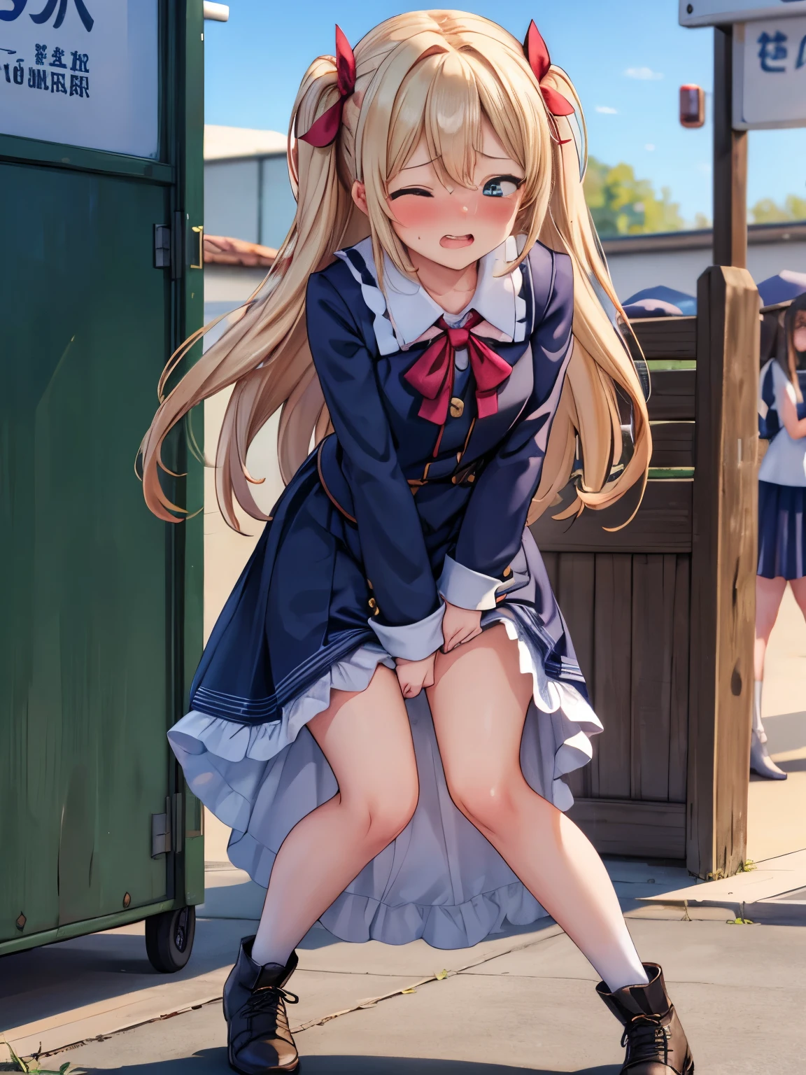 (masutepiece), of the highest quality, Blue Blazer, White miniskirt, Red headband, Ichigo Hoshimiya, Red Eyes, Blonde, In the city, (There is a close-up photo of my pussy:1.7)
