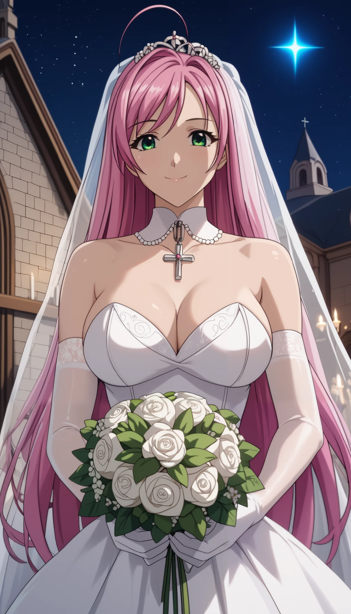 normal moka akashiya, long hair, green eyes, pink hair, ahoge, large breasts, wedding dress, light smile, hold a bouquet with both hands、Backshot、Shiny Hair、Tight waist、Small waist、Glowing Skin、outdoor、mysterious night, in church、eight-headed body、Beauty、