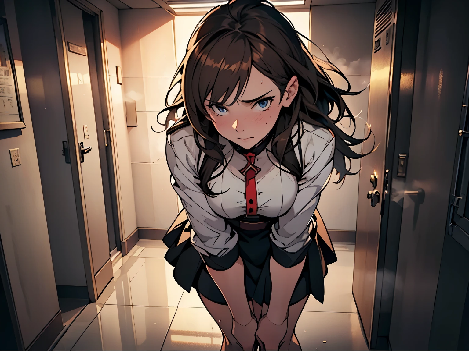 (Highly detailed CG Unity 8k wallpaper), (Masterpiece), (Highest quality), (Super detailed), (Best illustration), (Best shadow), (Absurd), , Embarrassed, Sweat, Steam, scared, a female ****** high **************, long hair, brown hair, white blouse, black skirt, upward facing eyes, in an elevator, dim light, standing up, full body.