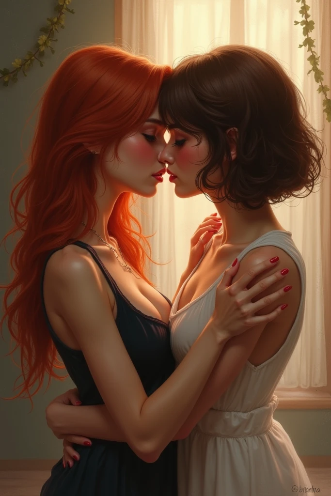little girls, 17 and 15 years old, 独奏, aesthetic art, Irish and Ukrainian, beautiful highly detailed face, thin face, wavy strawberry blonde hair and dark red hair, shoulder length hair, grey-eyed, light gray eyes and light green eyes, some small freckles, pale skin, runner&#39;s body, hugs, (texturized skin, skin pore: 1.1), goose bumps, wearing a very short and tight tank top, high-waist, wearing very short and tight gym pants, pose sexy, garden with flowers kissing barefoot 