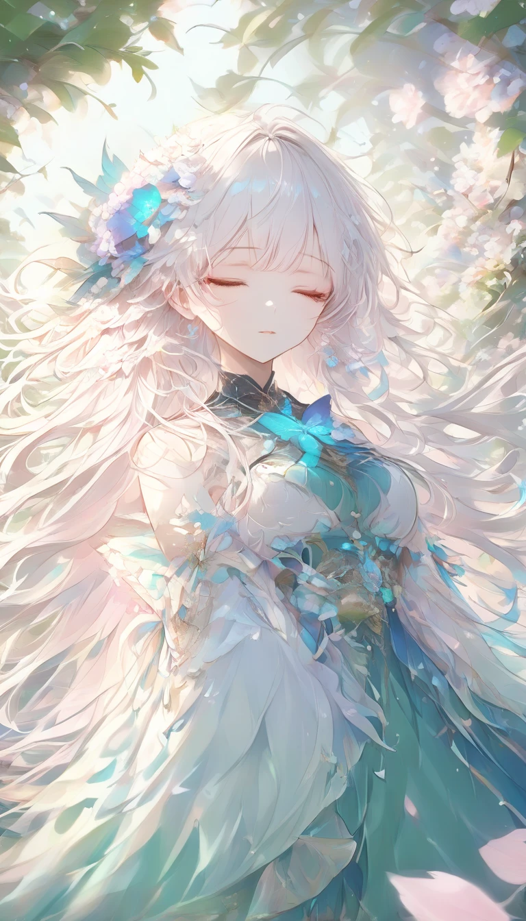 a beautiful anime girl with long white hair and blue eyes, closed eyes, in a serene and peaceful fantasy garden, pastel colors, (best quality,4k,8k,highres,masterpiece:1.2),ultra-detailed,detailed facial features,delicate flower petals, glowing sunlight, tranquil pond, lush greenery