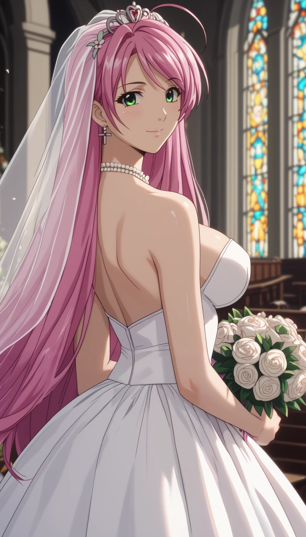 normal moka akashiya, long hair, green eyes, pink hair, ahoge, large breasts, wedding dress, light smile, hold a bouquet with both hands、looking back、looking at viewer、Shiny Hair、Tight waist、Small waist、Glowing Skin、outdoor、mysterious night, in church、eight-headed body、Beauty、