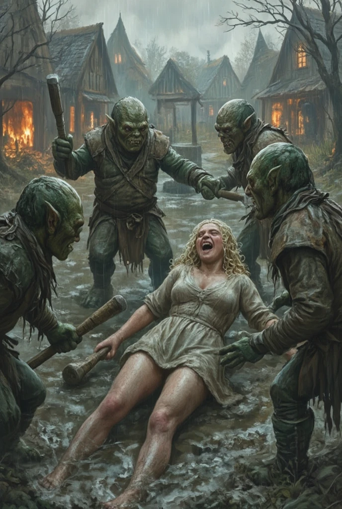 Super realistic (( high resolution,  ultra-detailed frame )),  ((  focusing on the subtle details and atmosphere of the scene))spring,  Rainy weather , medieval themes, all characters are visible in the frame, arras: - fat , green,  small , naked with huge clubs in her hands ,  have sharp teeth , long claws, A vile face. 
 1- In the background We see a burning village in a swamp ,  the square with a stone well in the center of the square ,  small   горящие деревянные дома покрытые мхом;
 - two goblins pointing their clubs at the girl,  they stand on either side of her , , the third gray tapestry pulls the girl off 
- a blonde girl with pale pink skin with a beautiful face in freckles,  with curly white long hair , lies in the mud with her bare booty to the top ,  the dress is lowered to her knees revealing her beautiful round ass ,  The girl is screaming in pain , hands grab the ground ,
 - the girl was wet and dirty from the rain and mud, dressed in dirty rags ,  on top of the linen sweater , there is a tight knee-length skirt on her feet that bares the girl's rosy curvy ass.