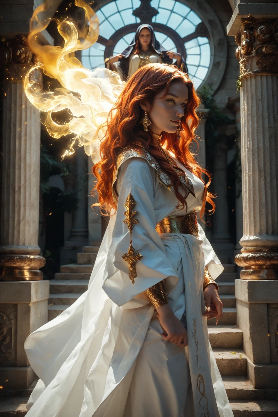 sacred word, divine energy, priestess of fantasy world, divine aura, golden aura around the priestess's body, enveloping her, redhead with long hair, gargantuan temple, marble and gold, statues of the gods, natural colors, natural textures, high definition of faces and skin, maximum details, intricate details, highly detailed, maximum definition, analog grain,