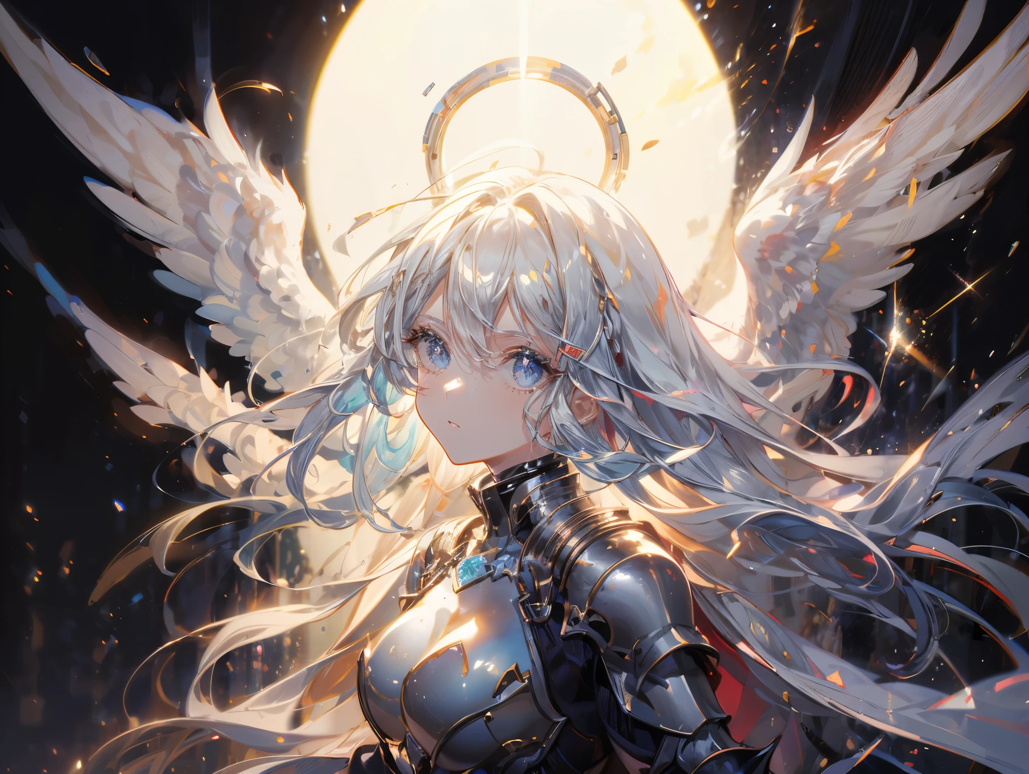 ((Best quality, 8k, Masterpiece: 1.3)), Sharp focus A beautiful woman with perfect body, Highly detailed face and skin texture, (Detailed eyes), Angel, winged angel, steel-armored angel, armed angel, light blue hair, messy long hair, hair over shoulder, halo, Scene descending from heaven, light shines from the sky In the darkness, sparkle, cinematic lighting, ray tracing