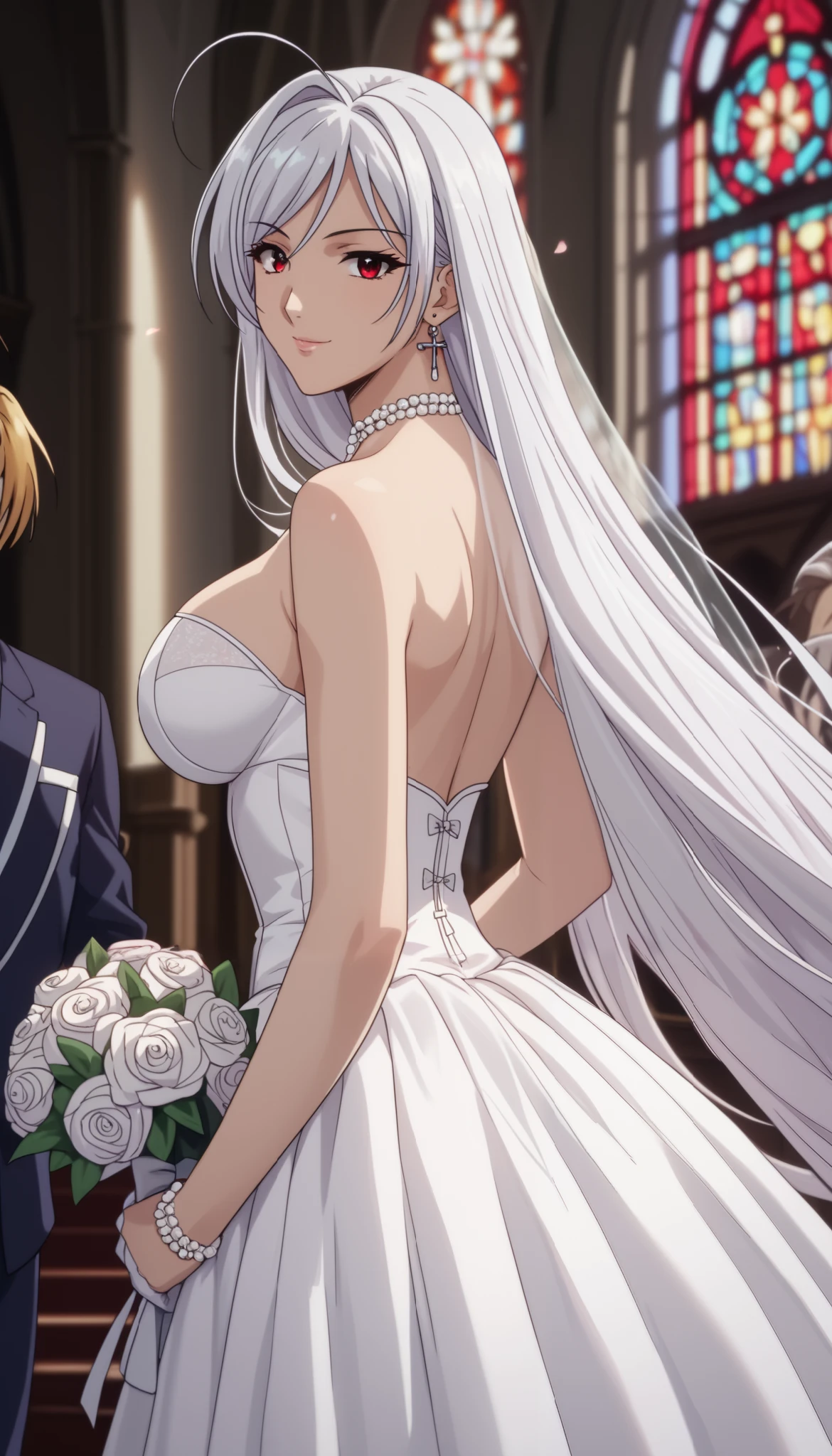 vampire moka akashiya, long hair, red eyes, ahoge, white hair, large breasts, wedding dress, light smile, hold a bouquet with both hands、looking back、looking at viewer、Shiny Hair、Tight waist、Small waist、Glowing Skin、outdoor、mysterious night, in church、eight-headed body、Beauty、