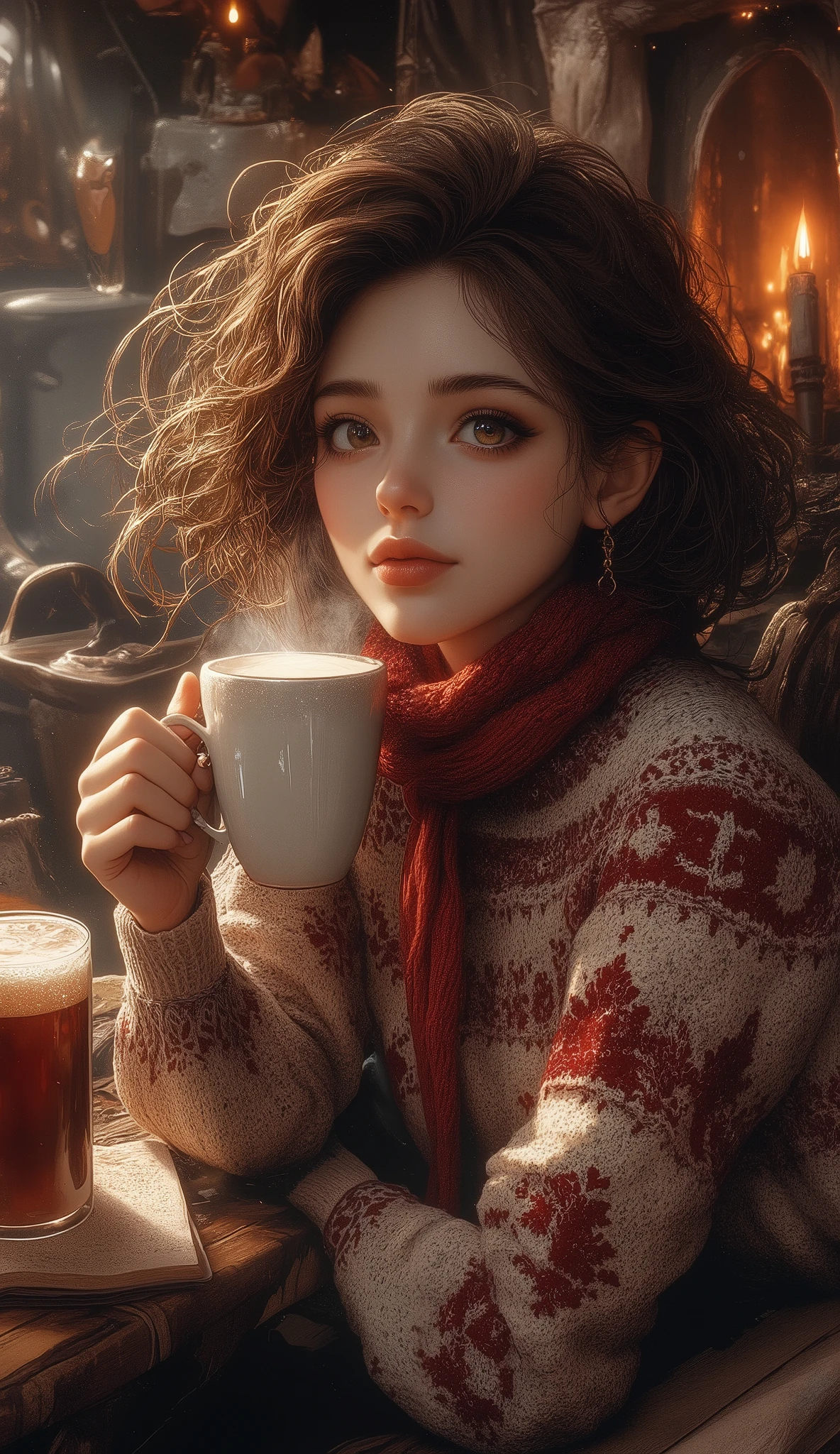 A beautiful woman with beautiful eyes :1.2, detailed eyes , full and beautiful lips , highly detailed eyes and faces, long lashes, cute expression, to smile, sitting:1.4, holding a cup of coffee with hot milk, homemade background , Christmas sweater , fireplace, Warm Light, Detailed lighting and shadows , anime style , 8k, High resolution , masterpiece :1.4, bright colors,