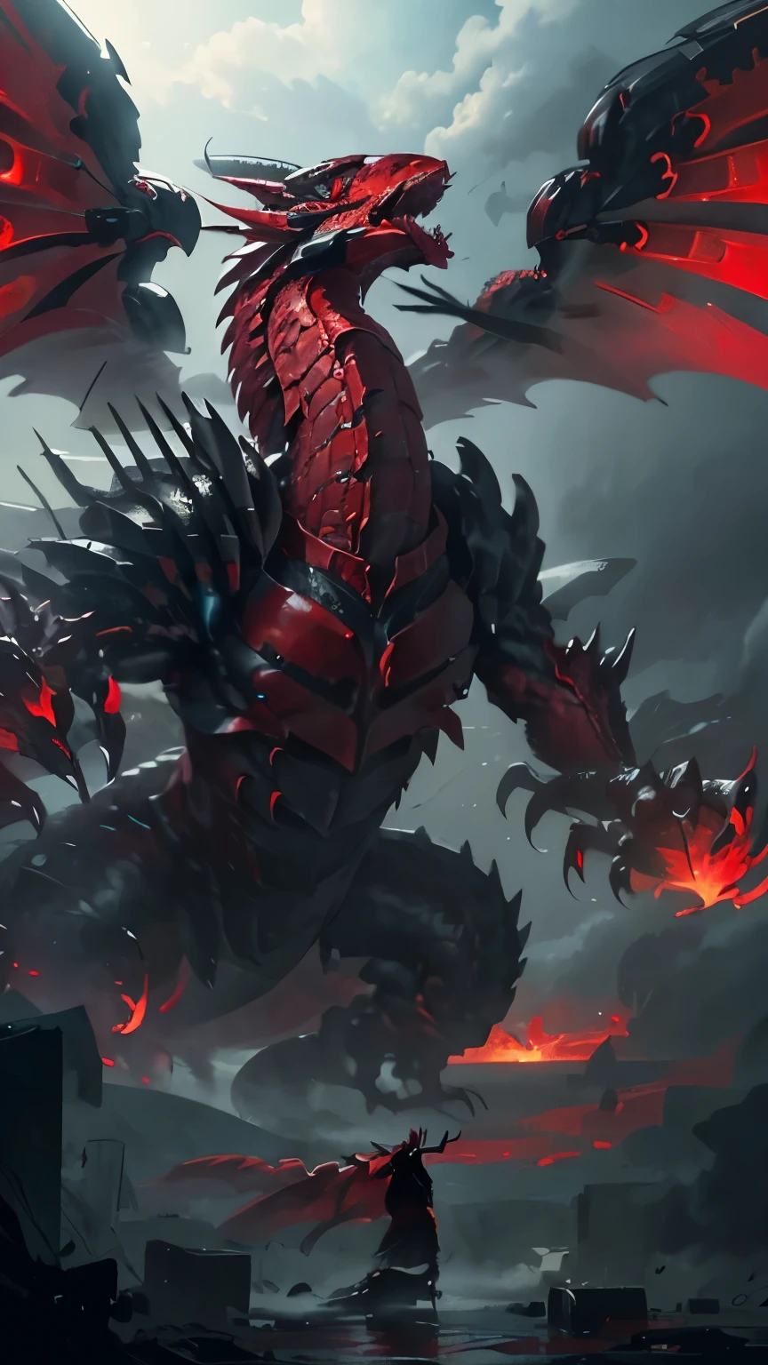 a huge dragon (red scales) with a pair of open wings, standing with (mouth gaping towards the sky) shooting (red) fire from his mouth.