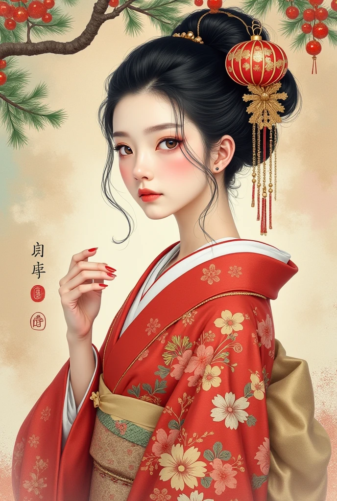  Beautiful 30-year-old Japanese woman in Taisho romance style ,  accentuating elegance and elegance .  The flowing lines and gentle expression of a kimono , Hand-painted watercolor effects ,  background with artistic elements evoking nostalgia and romance,  vibe. New Year's pine ornament ,  animation art,  high image quality, masterpiece, 