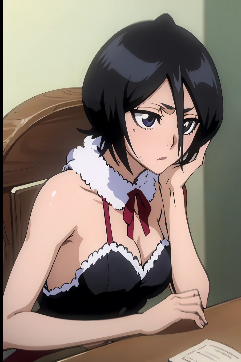 , (rukia kuchiki)+++ ,(impossibly huge chest) ,(white liquid on face) , black slingshot bra , (big eyes)+, (human mlik)++,fluid eruption,defeated, lying on the ground , (happy ahegao)+++, , accidentally gropping breast pov,