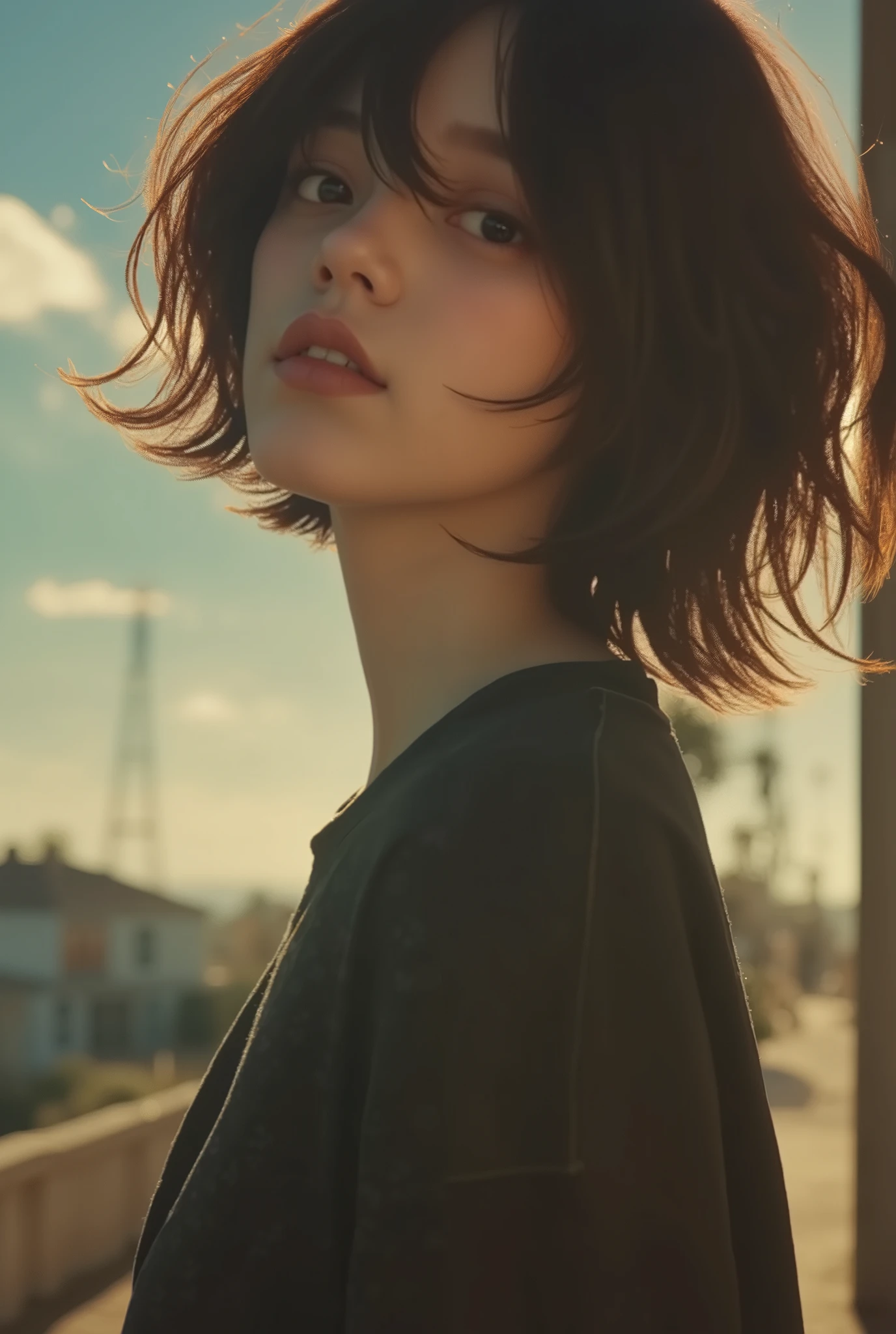 masterpiece、 super detailed 、8k、Jenna Ortega、 「 black hair、 braids、Stylish and bold illustration of a young woman with pigtails standing in a confident pose。 wearing a modern kimono with a striking orange and black color palette 、 is adorned with intricate floral patterns and clear lace sleeves 。 Her outfit 、 and is accented with bright multicolored ribbons on her back and uniquely patterned stockings 。 One leg has a bright orange design 、 The other leg is adorned with colorful abstract motifs 。 She has an industrial design It has a large, ornate sword that has been applied 、 Its blade reflects a fusion of modern and traditional aesthetics 。 has minimal 、It features soft flower outlines and a shining full moon 、 emphasizes her graceful and powerful presence 。」