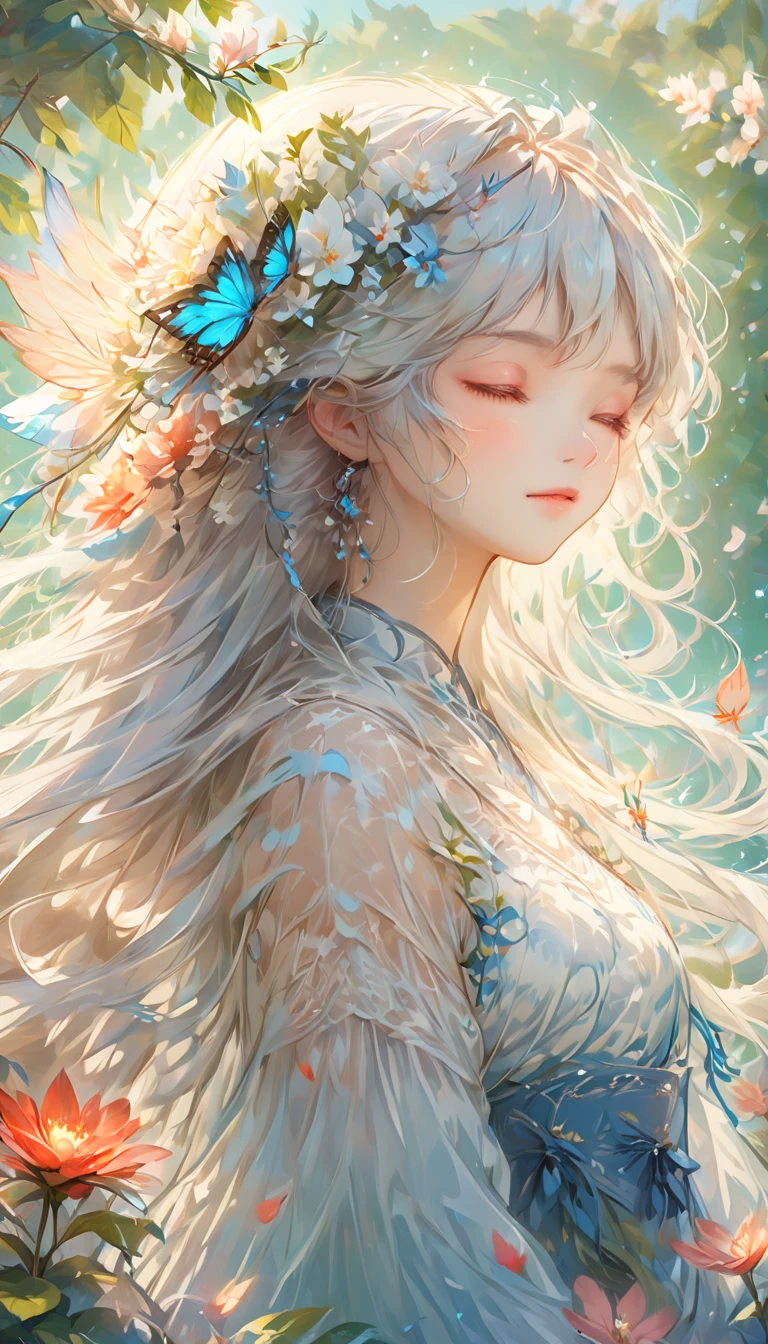 a beautiful anime girl with long white hair and blue eyes, closed eyes, in a serene and peaceful fantasy garden, pastel colors, (best quality,4k,8k,highres,masterpiece:1.2),ultra-detailed,detailed facial features,delicate flower petals, glowing sunlight, tranquil pond, lush greenery