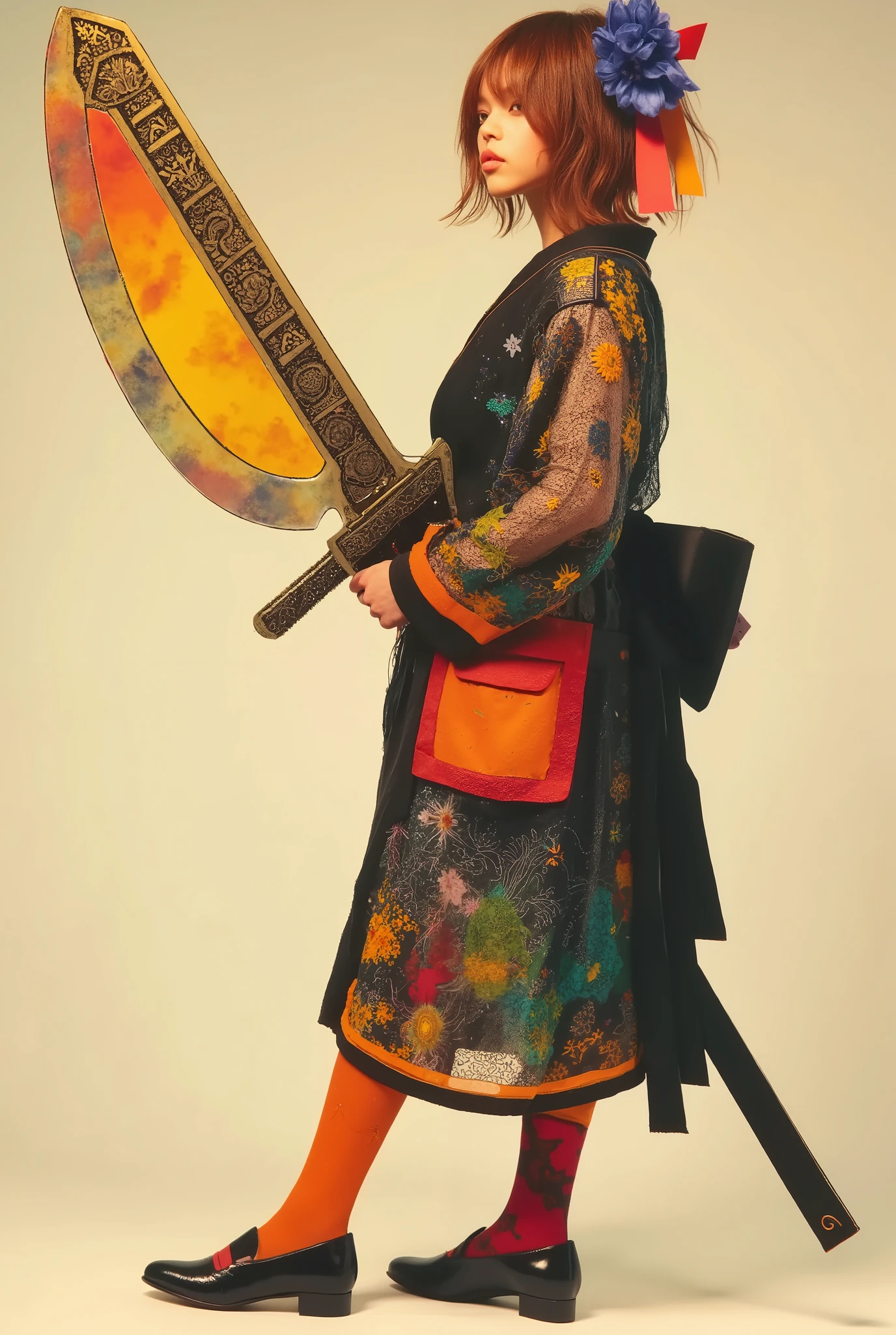 masterpiece、 super detailed 、8k、Jenna Ortega、 「 A stylish and bold illustration of a young blond shorthair woman standing in a confident pose。 wearing a modern kimono with a striking orange and black color palette 、 is adorned with intricate floral patterns and clear lace sleeves 。 Her outfit 、 and is accented with bright multicolored ribbons on her back and uniquely patterned stockings 。 One leg has a bright orange design 、 The other leg is adorned with colorful abstract motifs 。 She has an industrial design It has a large, ornate sword that has been applied 、 Its blade reflects a fusion of modern and traditional aesthetics 。 has minimal 、It features soft flower outlines and a shining full moon 、 emphasizes her graceful and powerful presence 。」