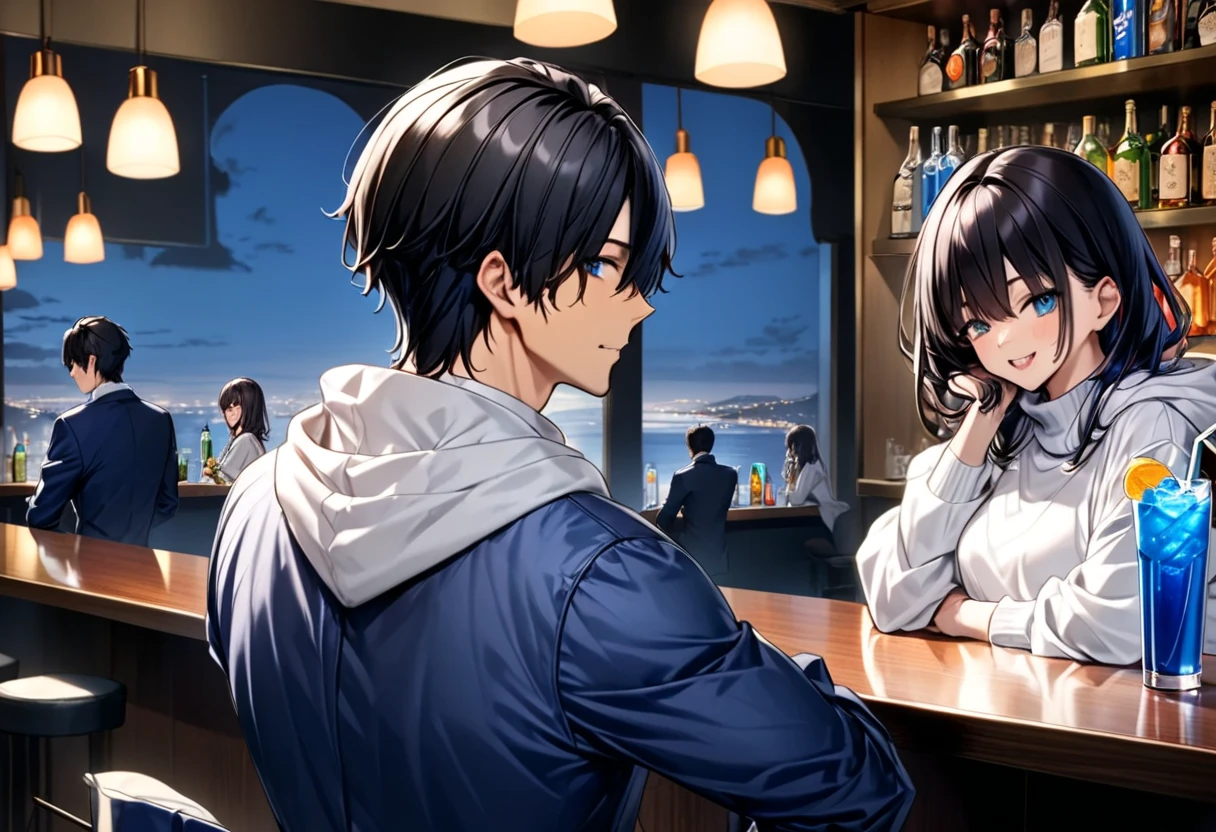 Dark-haired young man drinking blue soft drink juice at an upscale bar"Asuka"and a beautiful dark-haired "Haruna" , Asuka:Back view of man and woman in white hoodies and blue jackets  , Haruna: white turtleneck  ,  couple with narrowed eyes and a relaxed expression 