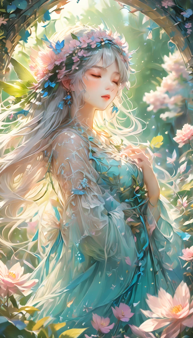 a beautiful anime girl with long white hair and blue eyes, closed eyes, in a serene and peaceful fantasy garden, pastel colors, (best quality,4k,8k,highres,masterpiece:1.2),ultra-detailed,detailed facial features,delicate flower petals, glowing sunlight, tranquil pond, lush greenery