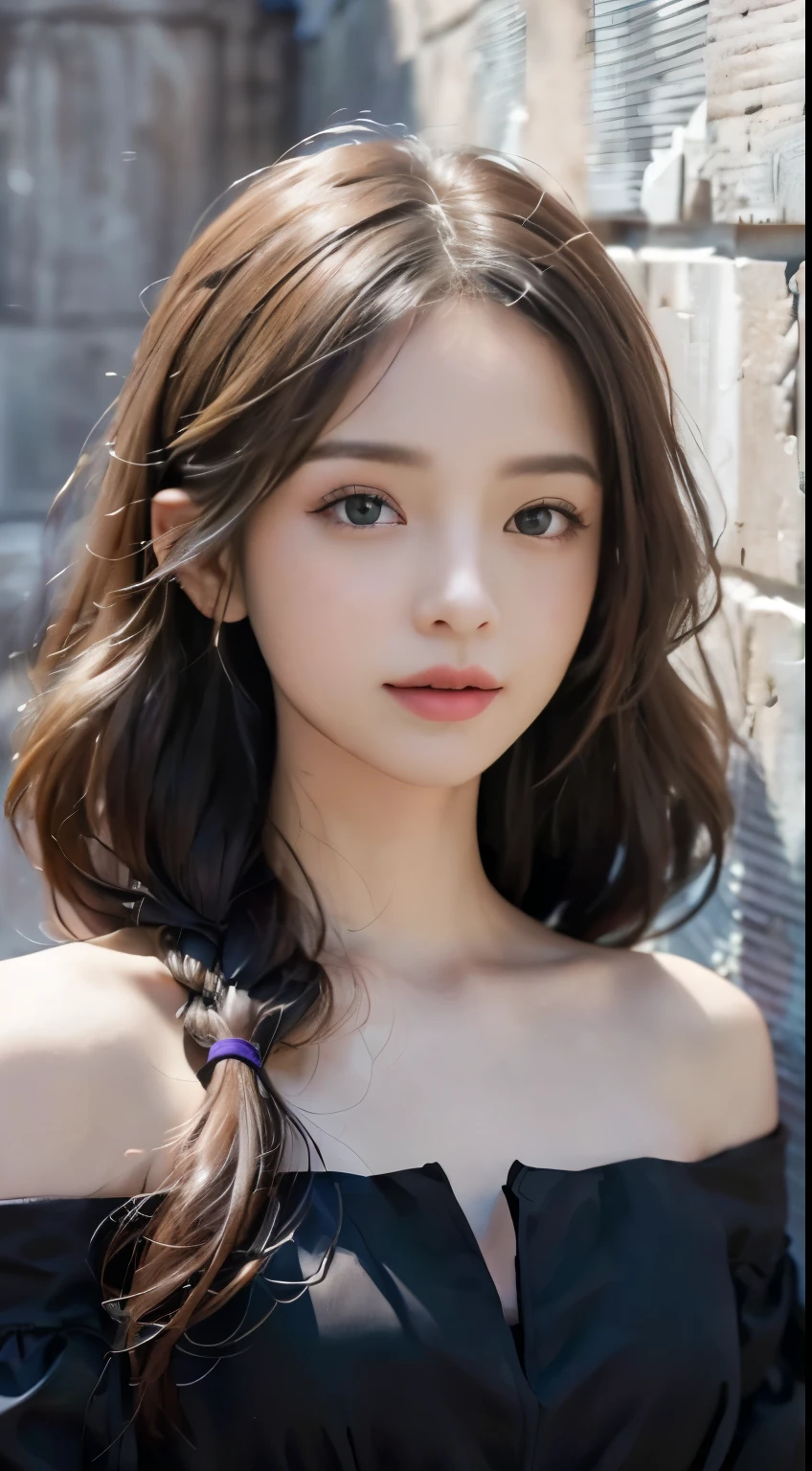 (ultra-realistic realism)、(illustratio)、(A high resolution)、(8k)、(The is very detailed)、(Best Illustration)、(Beautifully detailed eyes)、(top-quality)、(ultra - detailed)、(tmasterpiece)、(the wallpaper)、(A detailed face)、solo、1 girl in、looking at viewert、finedetail、A detailed face、in the darkness nigth、deep shading、low tune、pureerosfaceace_v1、A smile、Long、Black shawl straight hair、46-point diagonal bangs, (Silk dress、long skirt)(cropped shoulders)The view of the castle、、Stand against the wall