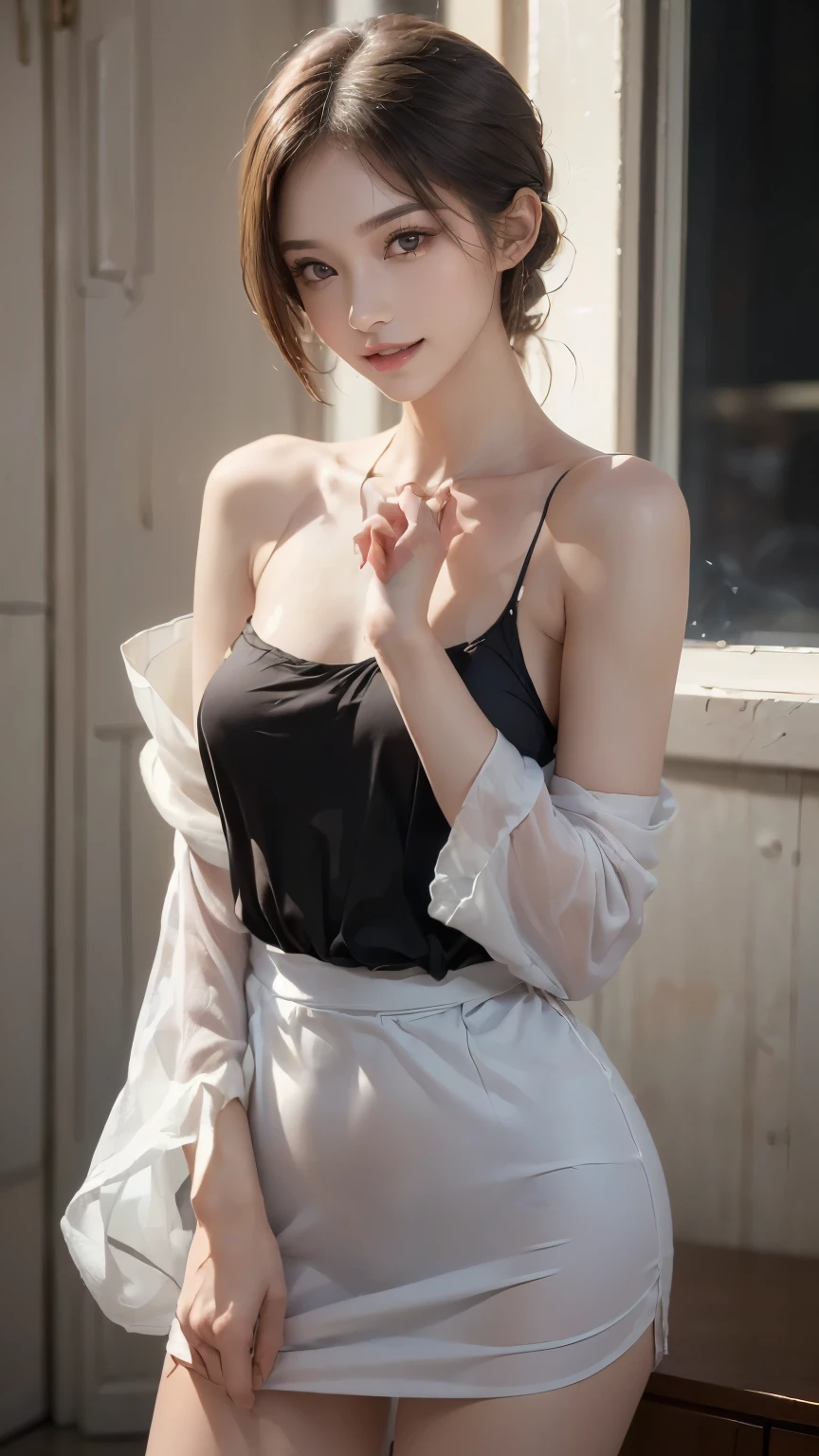 (masterpiece),(highest quality),8k,High detail,throw_doorway,One girl,blush,Looking_in_Audience,Cleavage,Gray Hair,naked_apron,Giant titan piece, highest quality, highest quality, Official Art, beautifully、beautiful:1.2, Cinema Lighting、Key light in 45 degrees from the front, Subsidy Light、Soft Backlight), Realistic depiction、photograph、Realistic depiction、Ultra-realistic、RAW quality、
accurine to the human body、Correct five-finger、Perfect human body、Knowledgeable person、Highly detailed face and skin texture、Ninural neck length、(beautiful Hands)、beautiful, length, Thin legs、straighten both legs、please stretch your arms、
Perfect human body、Accurine human body、A perfect and accurine left hand、A perfect and accurine right hand、Perfect in Accurate Fingers、Earrings,Big Cleavage、slim, (kind, Goddess-like eyes, happiness: 1.2), (Lip gloss, eyelash, Absolute area、Oversized long T-shirt with exposed shoulders、No underwear)
(Blonde pixie short hair:1.3)、
Accurine 5-finger、Accurine human body、The perfect human body、(Little Devil's Face:1.2, Little devil smile:1.3),
(((Big Breasts))),Bold Pose、sexy、amount、Sensually、Ecstinic face、Pampered and spoiled、Wide leg、(Sensual ecstinic smile:1.5)、indoor、Random Apartment Room Background、Window with a night view、