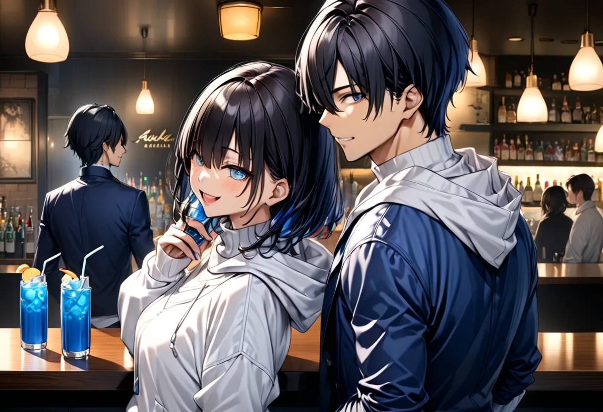 Dark-haired young man drinking blue soft drink juice at an upscale bar"Asuka"and a beautiful dark-haired "Haruna" , Asuka:Back view of man and woman in white hoodies and blue jackets  , Haruna: white turtleneck  ,  couple with narrowed eyes and a relaxed expression 