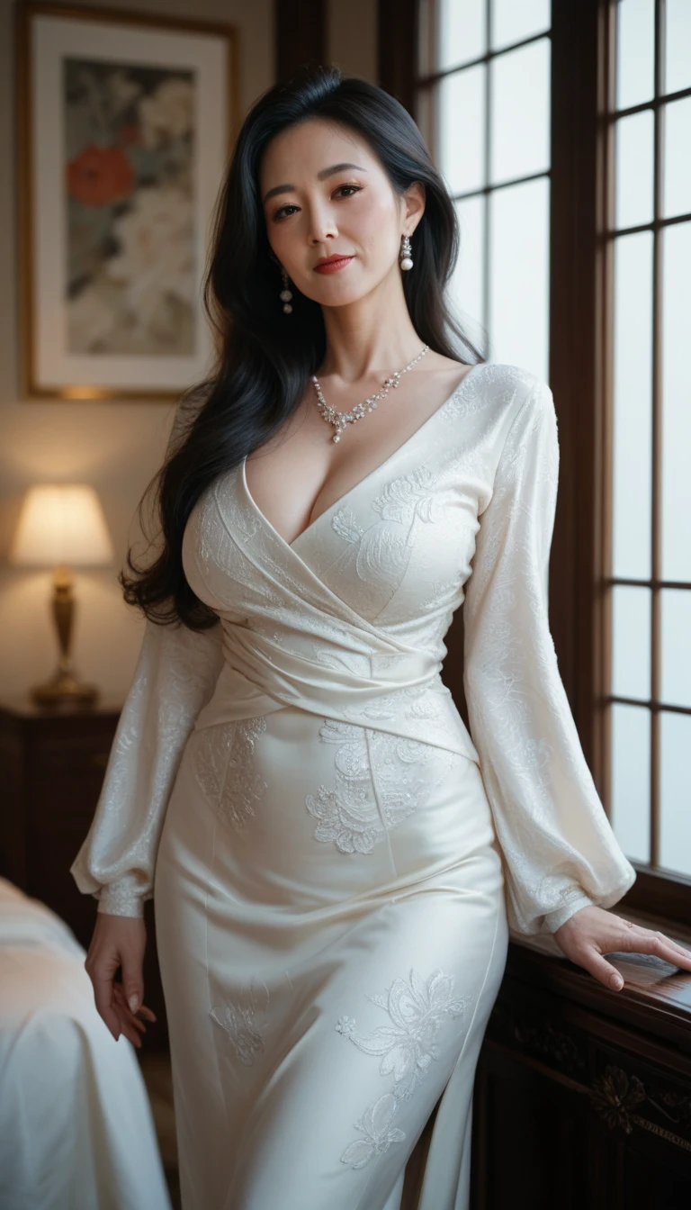 (8K, Best Quality, masutepiece:1.4), (Intricate details:1.3), (Realistic), (Ultra-detailed), 1girl in, Solo, (married woman、age 40eautuful Women、A MILF, ( smile:1.35), Front view, (Leaning forward:1.2), Showing cleavage, Looking at Viewer, chies, Detailed long hair, (Fluffy long black hair), Detailed eyes,, Hourglass body shape, ( :1.1), (Huge breasts), thick thighs, wide hips, Small waist、Golden Wedding Dresses、Tight mini skirt、Golden Bride Gown、Wedding Decorations、 Realistic lighting, natural soft light, Dynamic lighting