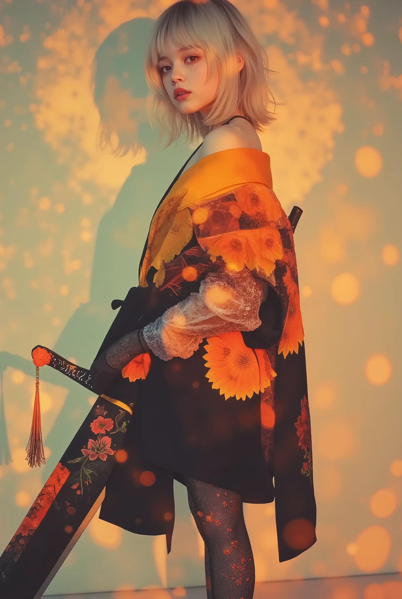 masterpiece、 super detailed 、8k、Jenna Ortega、 「 A stylish and bold illustration of a young blond shorthair woman standing in a confident pose。 wearing a modern kimono with a striking orange and black color palette 、 is adorned with intricate floral patterns and clear lace sleeves 。 Her outfit 、 and is accented with bright multicolored ribbons on her back and uniquely patterned stockings 。 One leg has a bright orange design 、 The other leg is adorned with colorful abstract motifs 。 She has an industrial design It has a large, ornate sword that has been applied 、 Its blade reflects a fusion of modern and traditional aesthetics 。 has minimal 、It features soft flower outlines and a shining full moon 、 emphasizes her graceful and powerful presence 。」