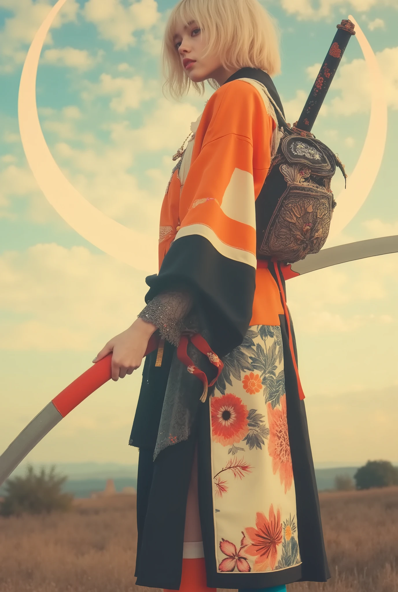 masterpiece、 super detailed 、8k、Jenna Ortega、 「 A stylish and bold illustration of a young blond shorthair woman standing in a confident pose。 wearing a modern kimono with a striking orange and black color palette 、 is adorned with intricate floral patterns and clear lace sleeves 。 Her outfit 、 and is accented with bright multicolored ribbons on her back and uniquely patterned stockings 。 One leg has a bright orange design 、 The other leg is adorned with colorful abstract motifs 。 She has an industrial design It has a large, ornate sword that has been applied 、 Its blade reflects a fusion of modern and traditional aesthetics 。 has minimal 、It features soft flower outlines and a shining full moon 、 emphasizes her graceful and powerful presence 。」