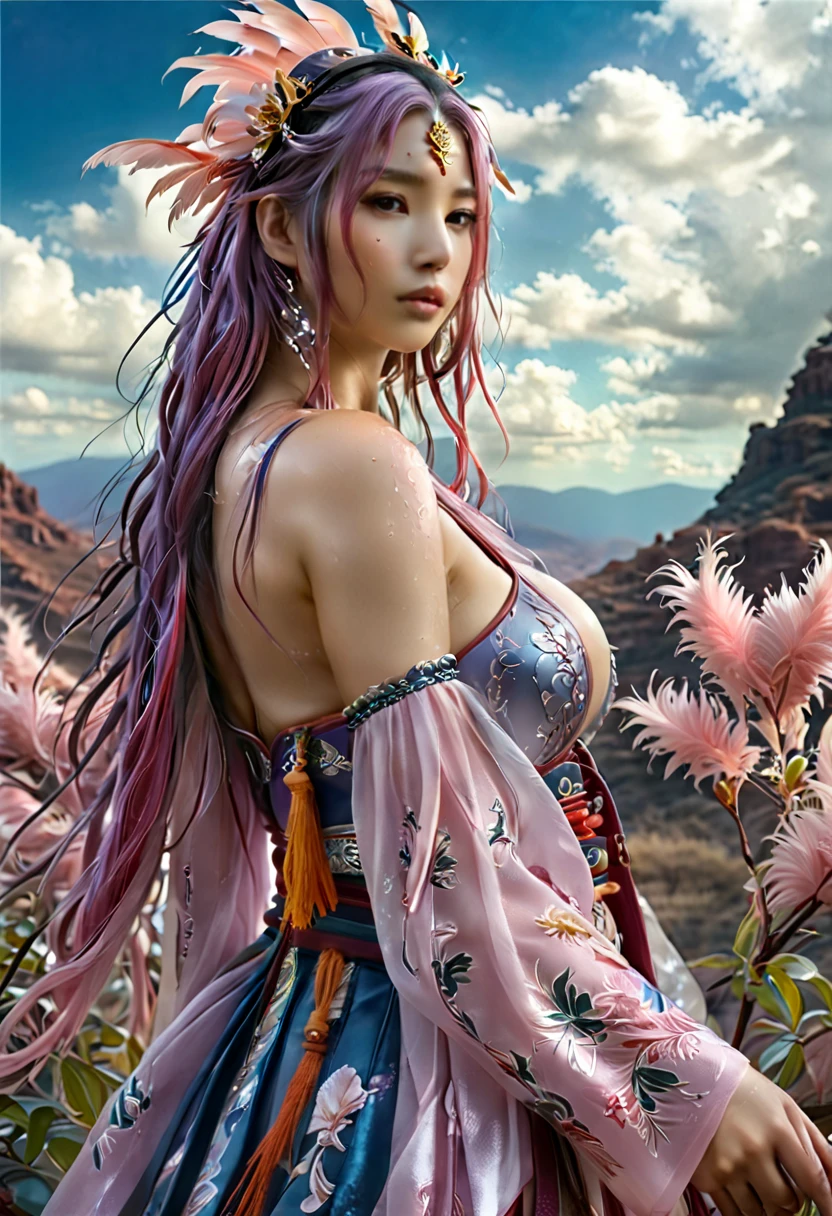 modelshoot style ((standing)) female ((ancient alien technology)) warrior in japan under cherry blossoms, ((extreme eye detail)), exotic face, ornate,((thighs)), theratio, voluminous wavy hair, movement, flow, serenity, unity 8k,fantasy , complex background, high details, skin pores, canon 5d