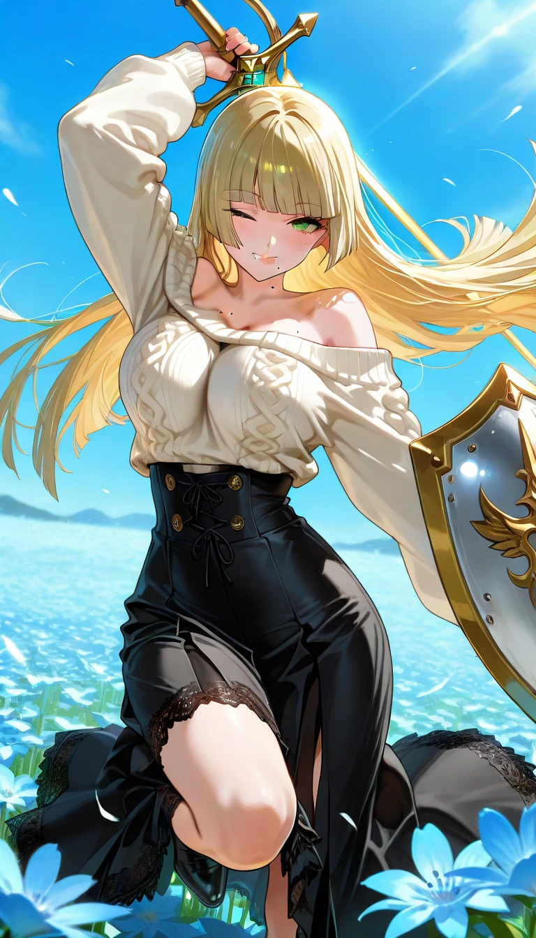 (masterpiece, best quality, amazing quality, very aesthetic, absurdres, newest:1), masterpiece,best quality,amazing quality,a girl,solo,long hair,gold hair, ((hime cut)),straight hair ,green eyes,milf face,wink, (mole under mouth),gigantic breast,((white off-shoulder sweater)), cleaved breast ,big hip,(black lace-trimmed skirt)(black high-waist skirt),(long skirt),sword and shield ,gold sword,1leg up,dynamic angle,dynamic pose, in the flower field,over head shot,side view,