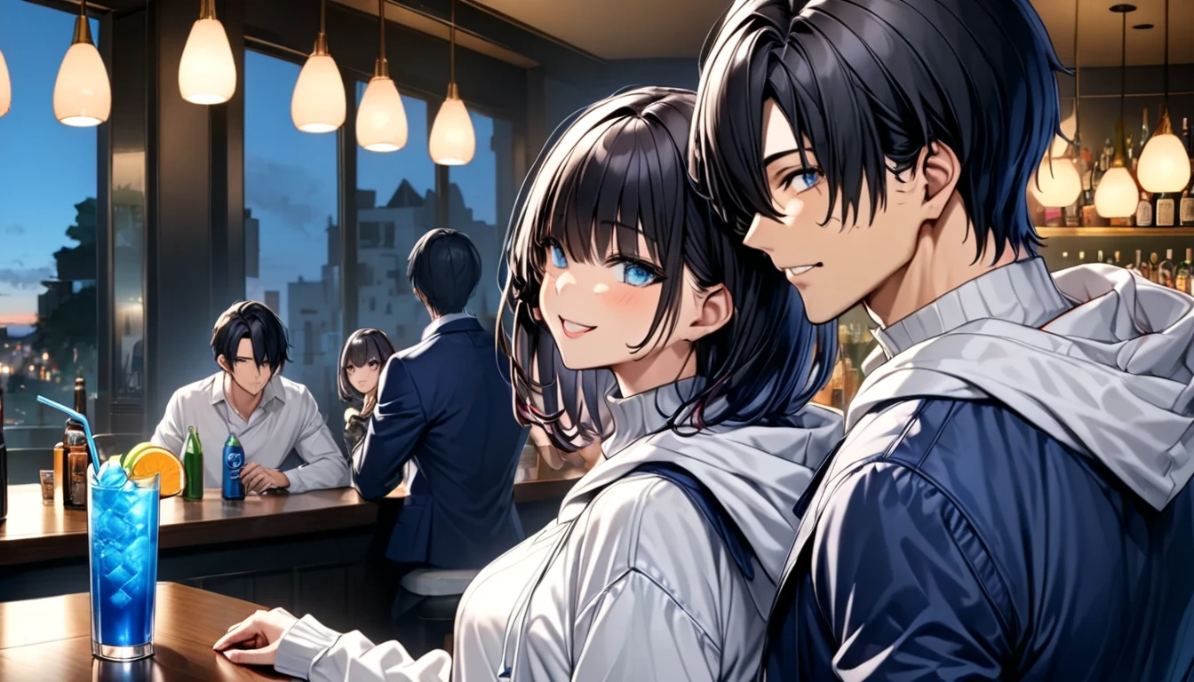 Dark-haired young man drinking blue soft drink juice at an upscale bar"Asuka"and a beautiful dark-haired "Haruna" , Asuka:Back view of man and woman in white hoodies and blue jackets  , Haruna: white turtleneck  ,  couple with narrowed eyes and a relaxed expression 